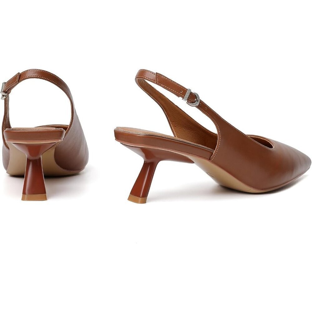 Women's Brown Pu Pointed Toe Pumps Patent Leather Slingback Heels With Buckle - Picture 7 of 9